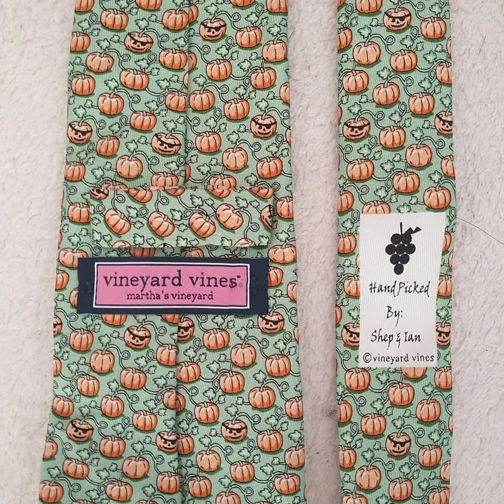 Vineyard Vines Necktie Tie Youth Boy Silk Green Orange Pumpkin Halloween Fall49
